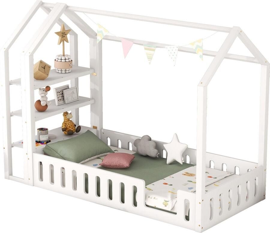 Merax Kinderbed 90 x 200 cm in Huisvorm met Gelanden en 3 Opbergvakken – Witte Houten Structuur – Geschikt voor Kinderen – Belastbaarheid 136 kg