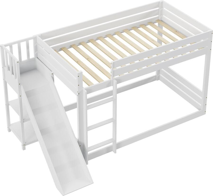 Merax Kinderbed 90 x 200 cm met Lattenbodem Glijbaan en Boekenkast Stapelbed van Vurenhout met Ladder en Uitschuifbeveiliging Wit