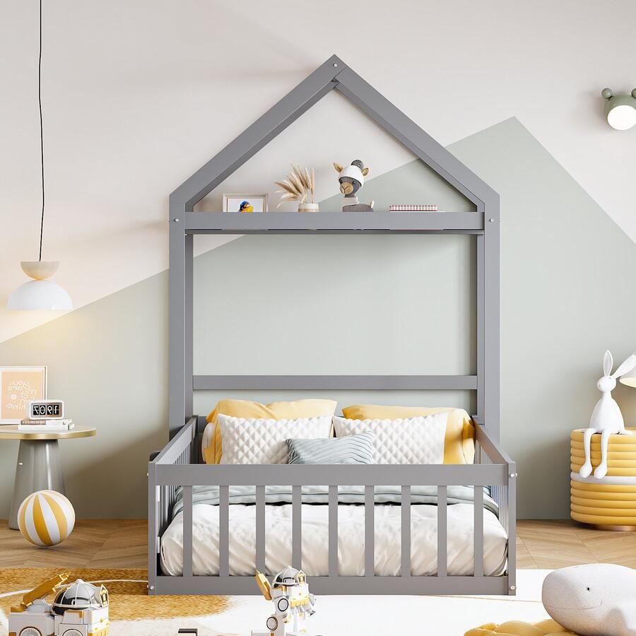 Merax Kinderbed 90 x 200 cm met opbergruimte volledig beschermd rooster en deuren en lattenbodem grijs zonder matras