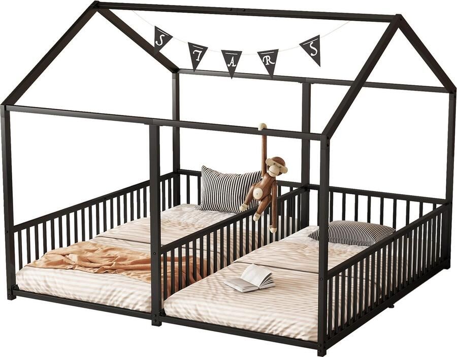 Merax Kinderbed 90 x 200 cm Met Veiligheidsrek Ladder Huisvorm Dubbelbed Design Eisenframe Zwart (Zonder Matras)