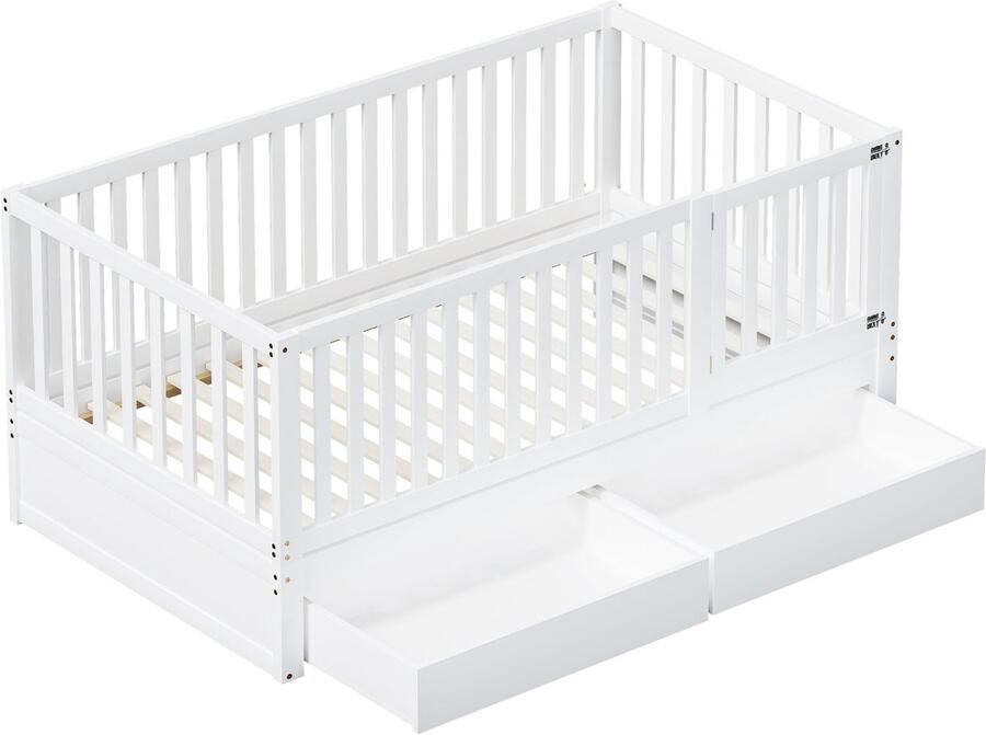 Merax Kinderbed 90 x 200 cm met Volledige Afsluiting – Om te Bouwen tot Twee Losse Bedden – Inclusief Opberglades – Wit