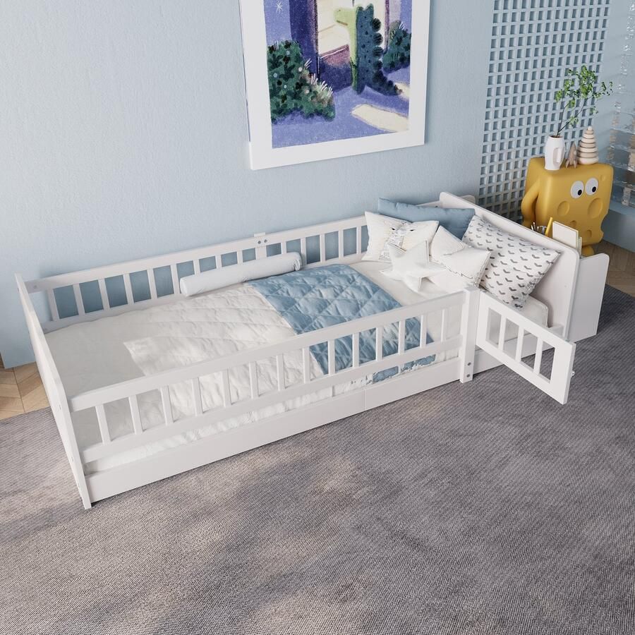 Merax Kinderbed 90 x 200 cm Open opberging Planken Te openen behuizing Zonder matras Wit