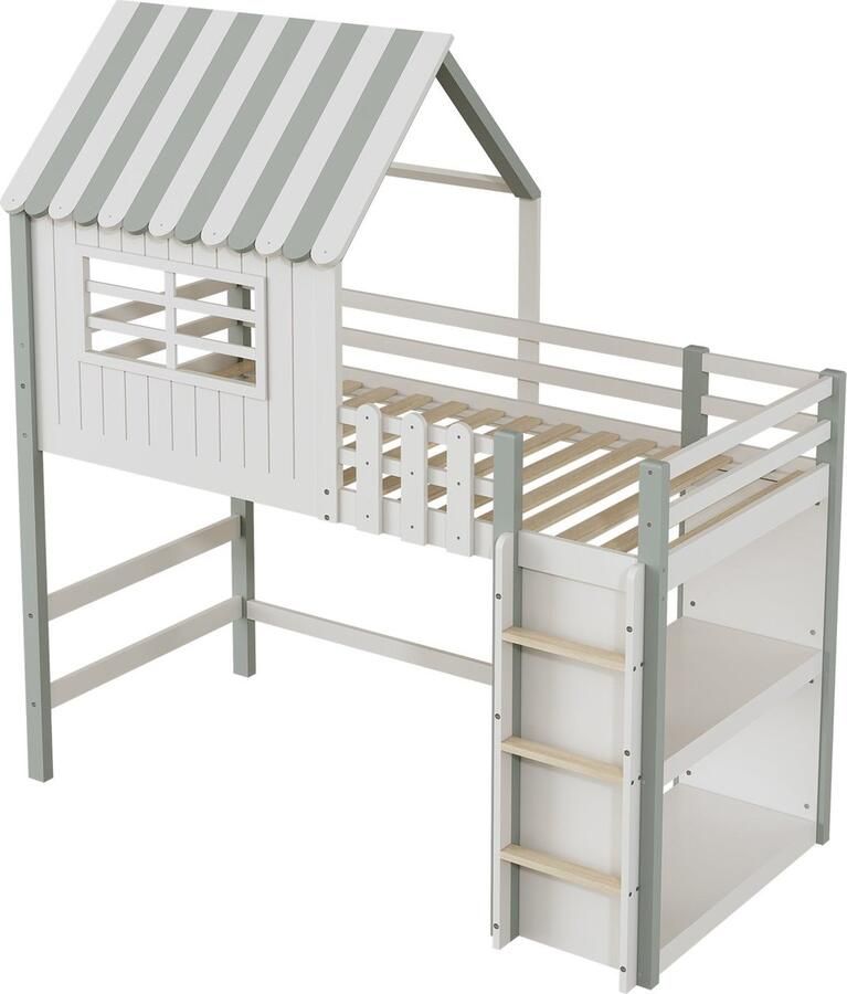 Merax Kinderbed 90×200 cm – Hoog-Laag Bed in Huisvorm met Veiligheidsladder en Opbergruimte – Massief Houten Bed met Lattenbodem – Groen