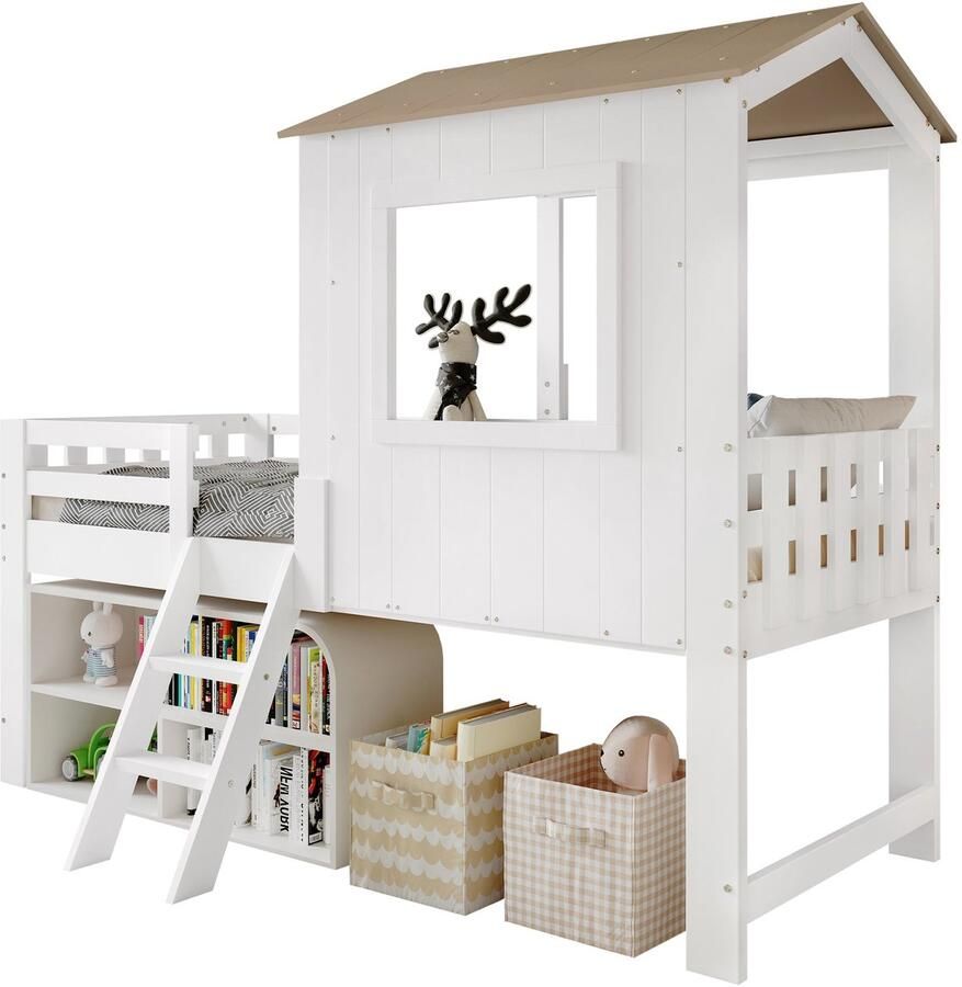 Merax Kinderbed 90×200 cm Hoogslaper – Halfhoogslaper Huisbed met Dak en Ramen – Houten Bed met Trap en Veiligheidshek – Wit met Naturel Bruin