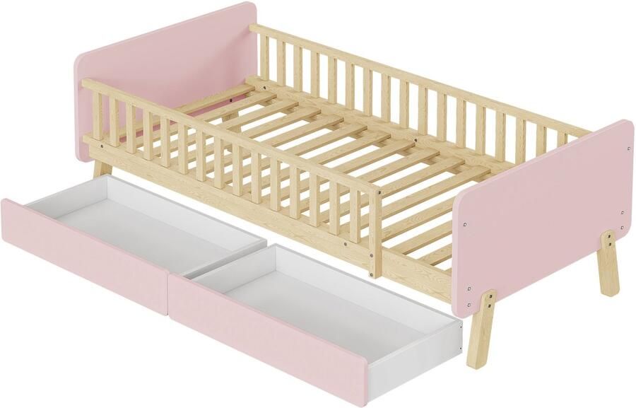 Merax Kinderbed 90x190 cm – Massief Houten Bed met 2 Opberglades – Inclusief Lattenbodem – Roze