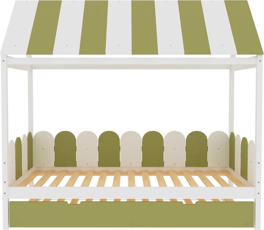 Merax Kinderbed 90x190 cm met Uittrekbaar Bed Huisbed voor Jongens en Meisjes met Dak en Rugleuning Massief Houten Bed met Lattenbodem Groen