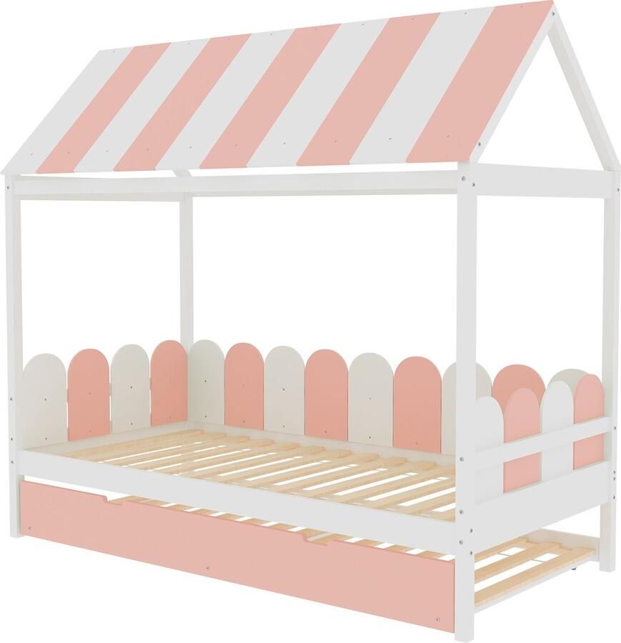 Merax Kinderbed 90x190 cm met Uittrekbaar Bed Huisbed voor Jongens en Meisjes met Dak en Rugleuning Massief Houten Bed met Lattenbodem Roze