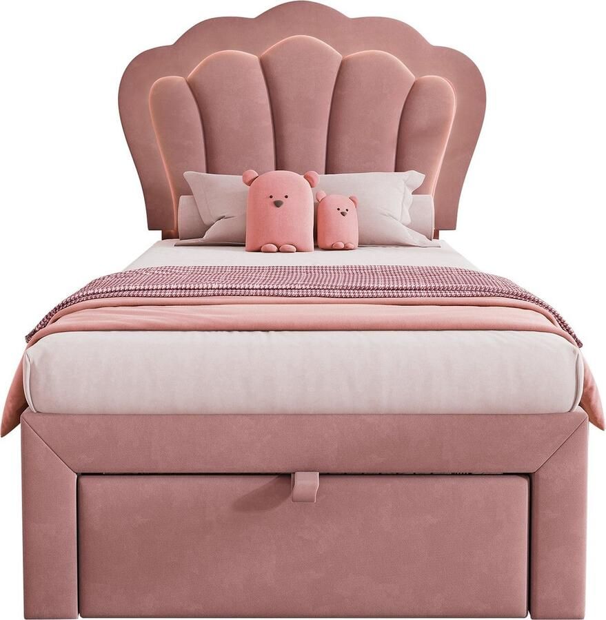 Merax Kinderbed LED 90 x 190 cm met Schuiflade Gestoffeerd Bed met Verstelbaar Hoofdbord en App-Control LED Verlichting Roze Fluweel