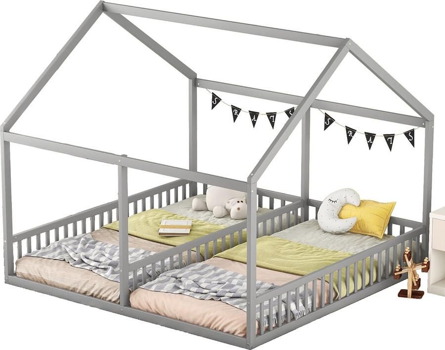 Merax Kinderbed voor 2 Personen Twee Eenpersoonsbedden 90x200 cm Huisbed met Dak voor Kinderen Grijs