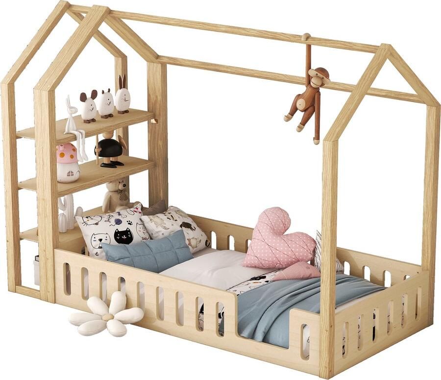 Merax Kinderbed Huisbed 90x200 cm met Geluid en 3 Opbergplanken Massief Hout Natuurlijk