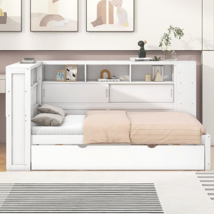 Merax Kinderbed 90x200 cm (90x190 cm) met uitschuifbaar bed slaapbank met opbergruimte en USB wit zonder matras