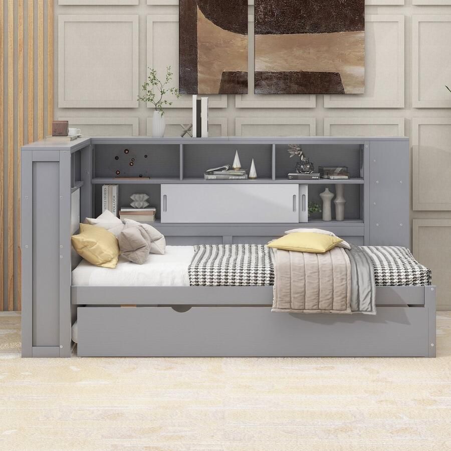 Merax Kinderbed 90x200 cm (90x190 cm) met uittrekbed slaapbank met opbergruimte en USB grijs zonder matras