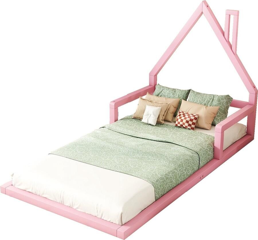 Merax Kinderbed 90x200 cm Bed in Huisvormig Design Huisbed voor Kinderen Roze