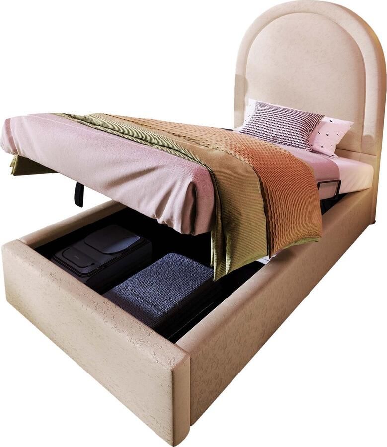 Merax Kinderbed 90x200 cm met Kosmisch Motief Beige Kunstleer voor Jongens en Meisjes Inclusief Lattenbodem (Matrast niet inbegrepen)