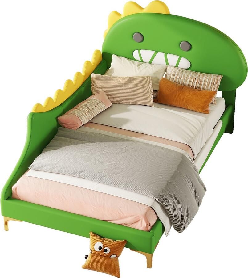 Merax Kinderbed 90x200 cm Dinosaurus Eenpersoonsbed Kunstleer Gestoffeerd Bed in Dino Vorm Groen