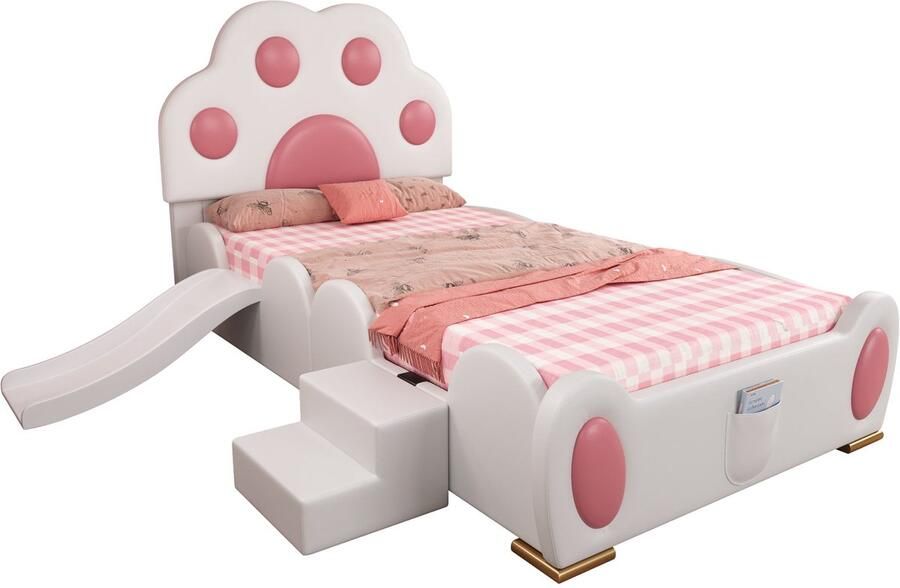 Merax Kinderbed 90x200 cm Eenpersoons Bed met Kattenpoot Hoofdbord Glijbaan en Ladder PU Leer Wit Roze