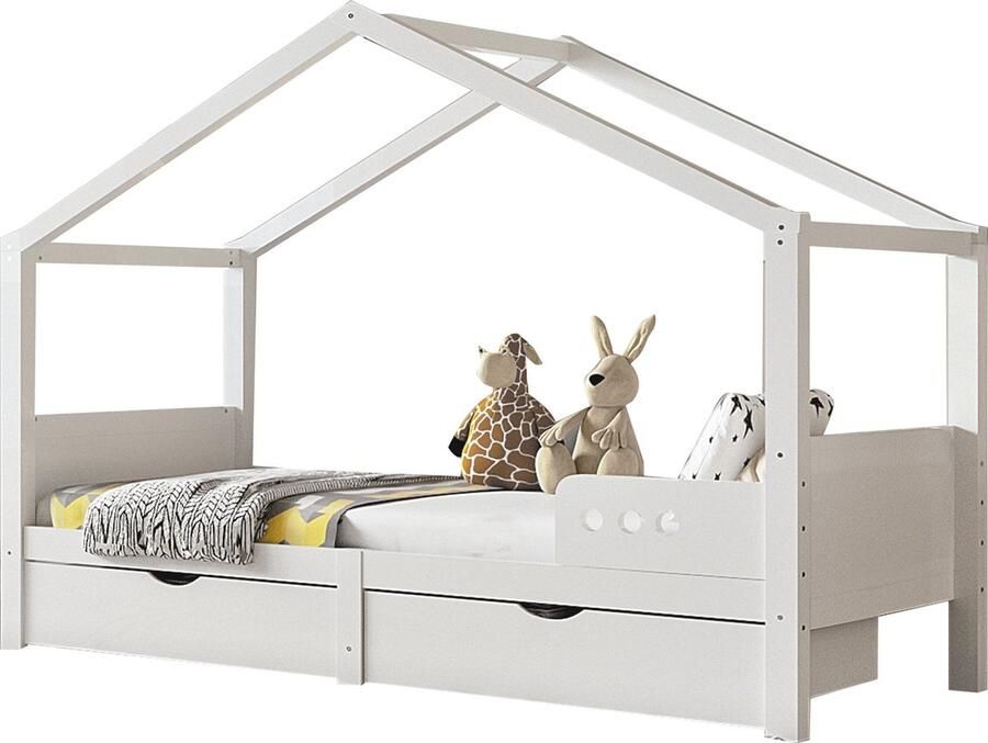 Merax Kinderbed 90x200 cm Eenpersoonsbed met 2 Lades Houten Bed met Uitvalbeveiliging Wit