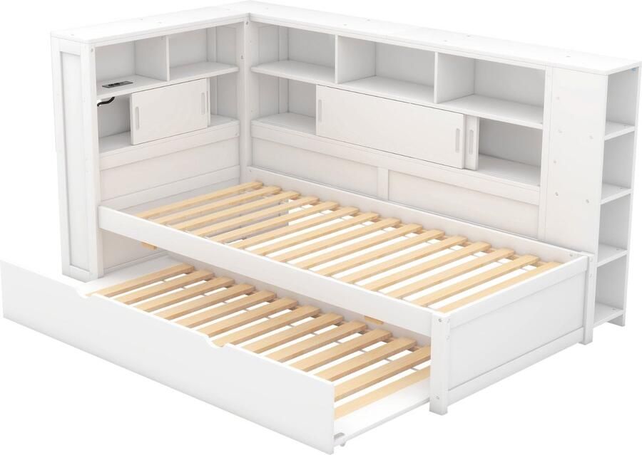 Merax Kinderbed 90x200 cm Eenpersoonsbed met Extra Uitschuifbaar Bed 90x190 cm USB-oplaadfunctie en Opbergruimte Wit