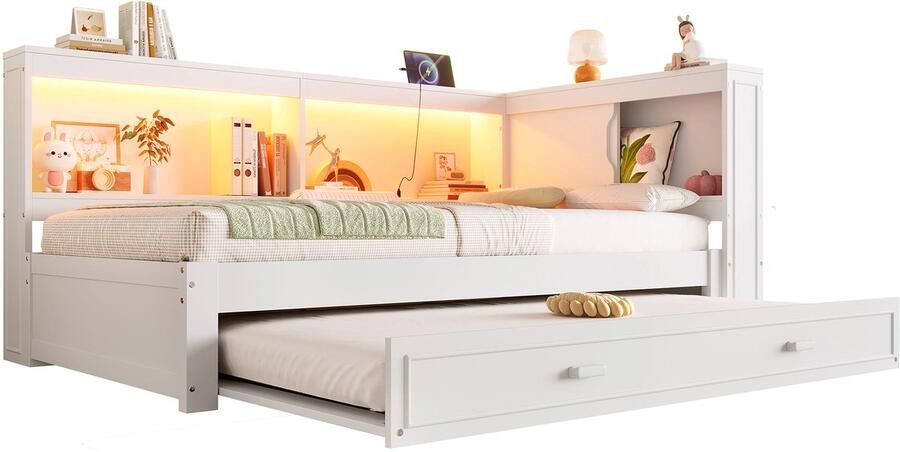 Merax Kinderbed 90x200 Cm Eenpersoonsbed met Extra Uittrekbaar Bed 90x190 LED-Verlichting USB en USB-C Wit