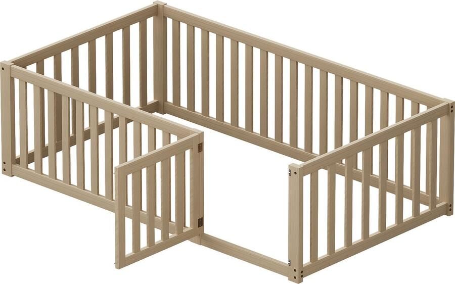 Merax Kinderbed 90 x 200 cm Holzboden Bedframe met Hek en Deur Natuurlijk Hout - Foto 2