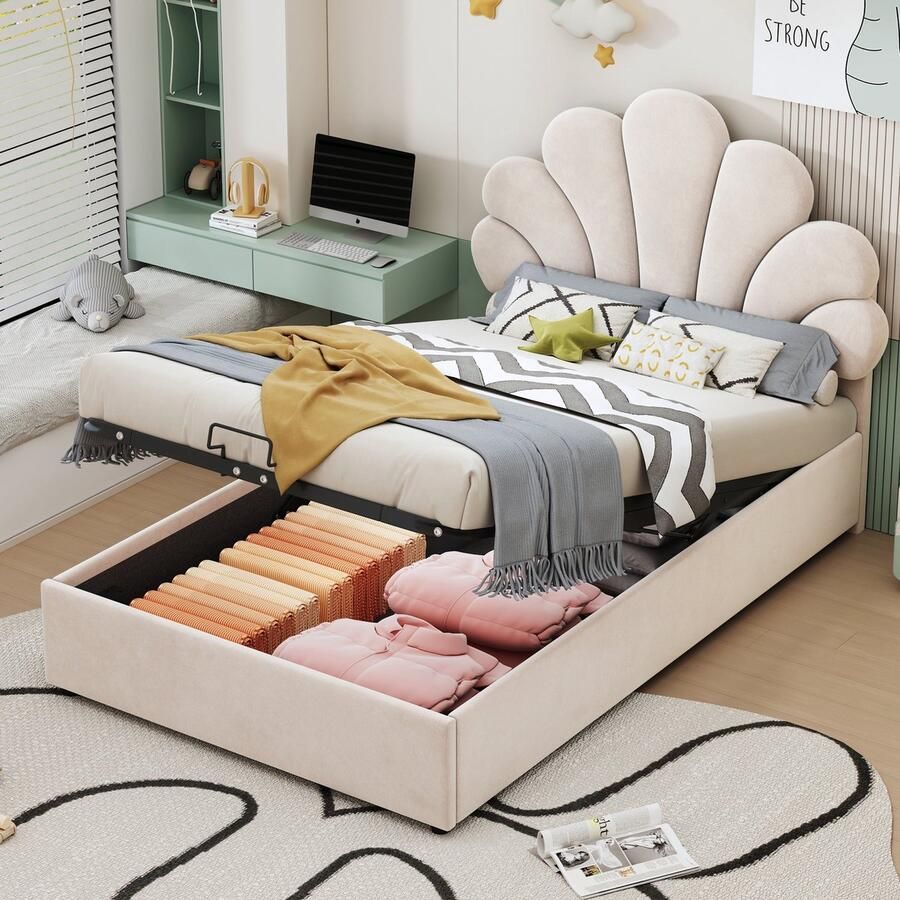 Merax Kinderbed 90x200 cm – Eenpersoonsbed met Opbergruimte en Verstelbaar Hoofdbord – Beige Fluweel