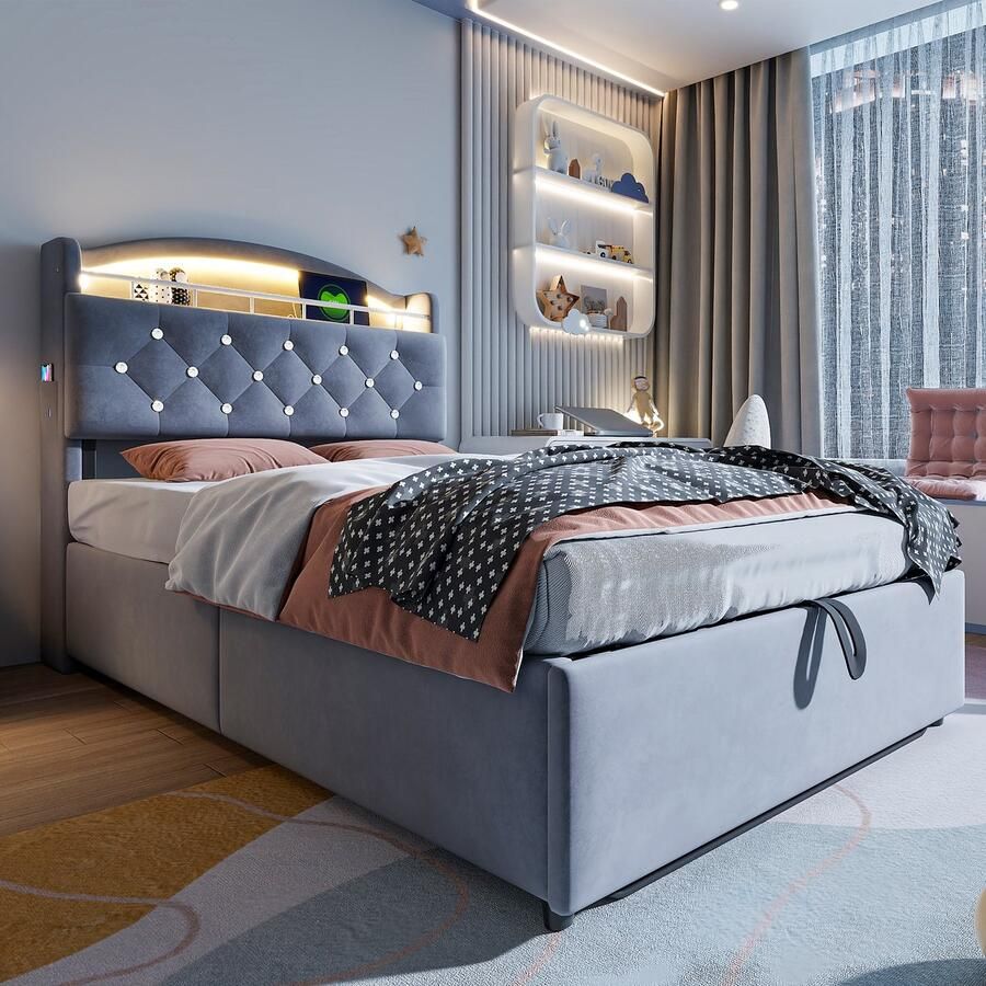 Singularity -Kinderbed 90x200- fluwelen eenpersoonsbed- multifunctioneel bed met opbergruimte met LED en USB- grijs- zonder matras - Foto 2