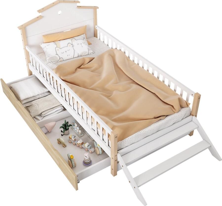 Merax Kinderbed 90x200 cm met Veiligheidshekje en Ladder – Houten Huisbed met Dak en Opberglades Wit Naturel (Matratras niet inbegrepen)