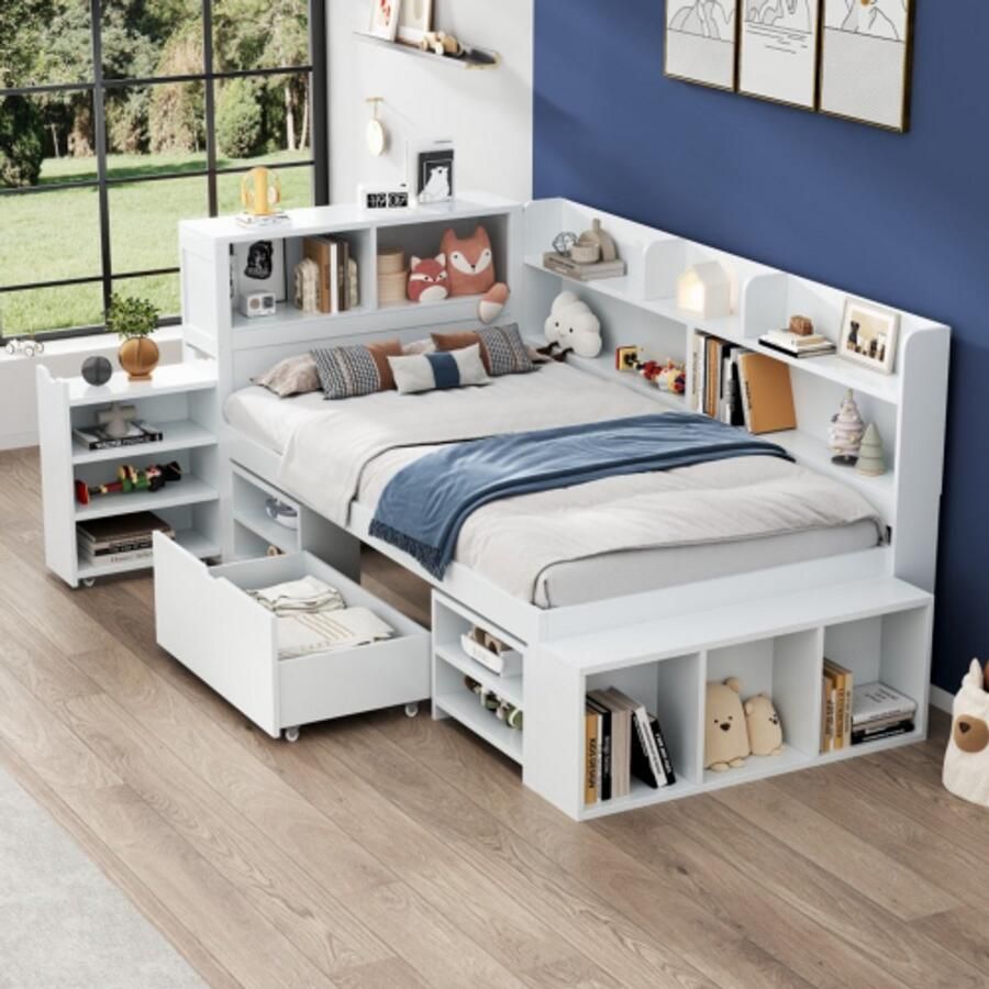 Merax Kinderbed 90x200 cm Eenpersoonsbed Multifunctioneel kinderbedje met lades Boekenkast en kluisje Zonder matras Wit