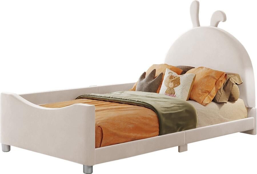 Merax Kinderbed 90x200 cm Flanellen Slaapbank met Rug- en Armleuning Multifunctioneel Beige Bed voor Ouders en Kinderen Gastbed en Jeugdbed