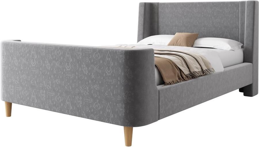 Merax Kinderbed Gestoffeerd Bed – Fluwelen Stof – 90x200 cm – Ruimte Thema – Grijs – Voor Jongens & Meisjes – Inclusief Houten Lattenbodem – Zonder Matras
