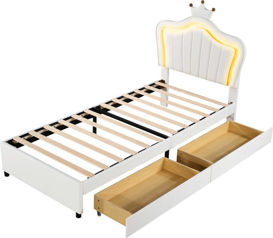 Merax Kinderbed 90x200 cm Gestoffeerd Bed in Kronen- en Schelpvorm Met LED-Verlichting en Opbergruimte Wit Kunstleer Inclusief Lattenbodem