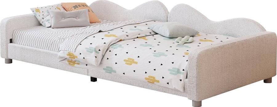 Merax Kinderbed 90x200 cm Gestoffeerd Bed met Armleuningen en Rugleuning Fluwelen Stof Slaapbank voor Kinderen en Logeergasten Wit