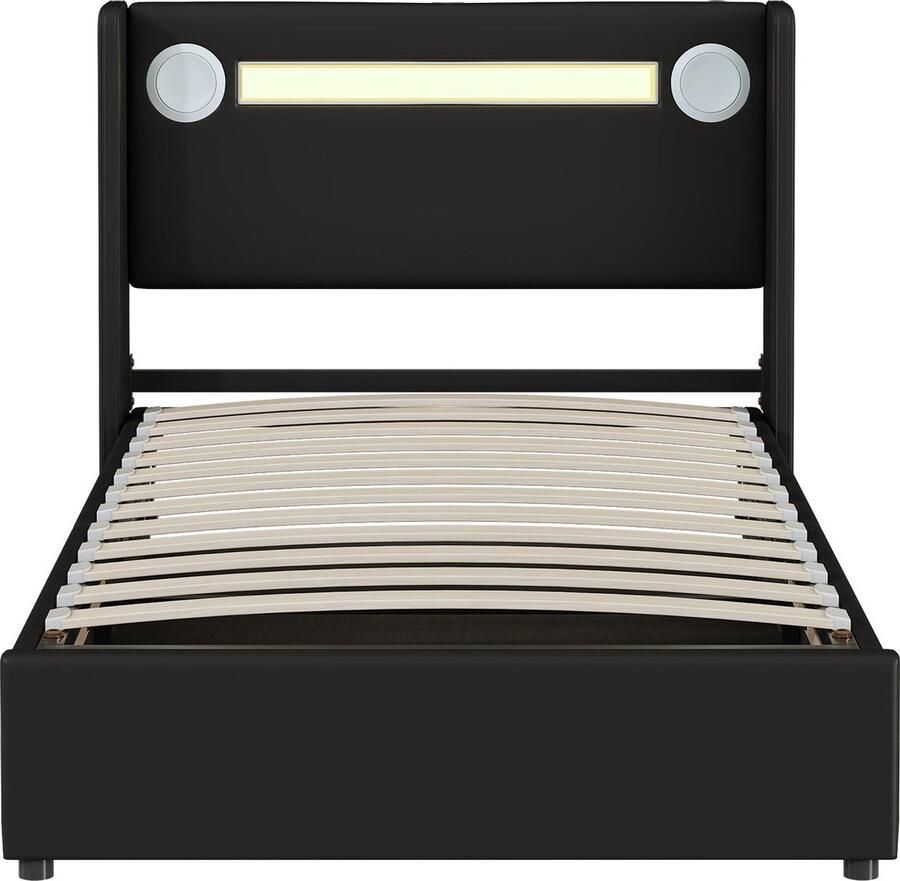 Merax Polsterbett Kinderbett 90x200 Bett mit LED-Lichtleiste Bluetooth-Player und USB-Aufladung PU-Leder-Aufbewahrungsbett Hochbettkasten Jugendbett mit Lattenrost - Foto 2