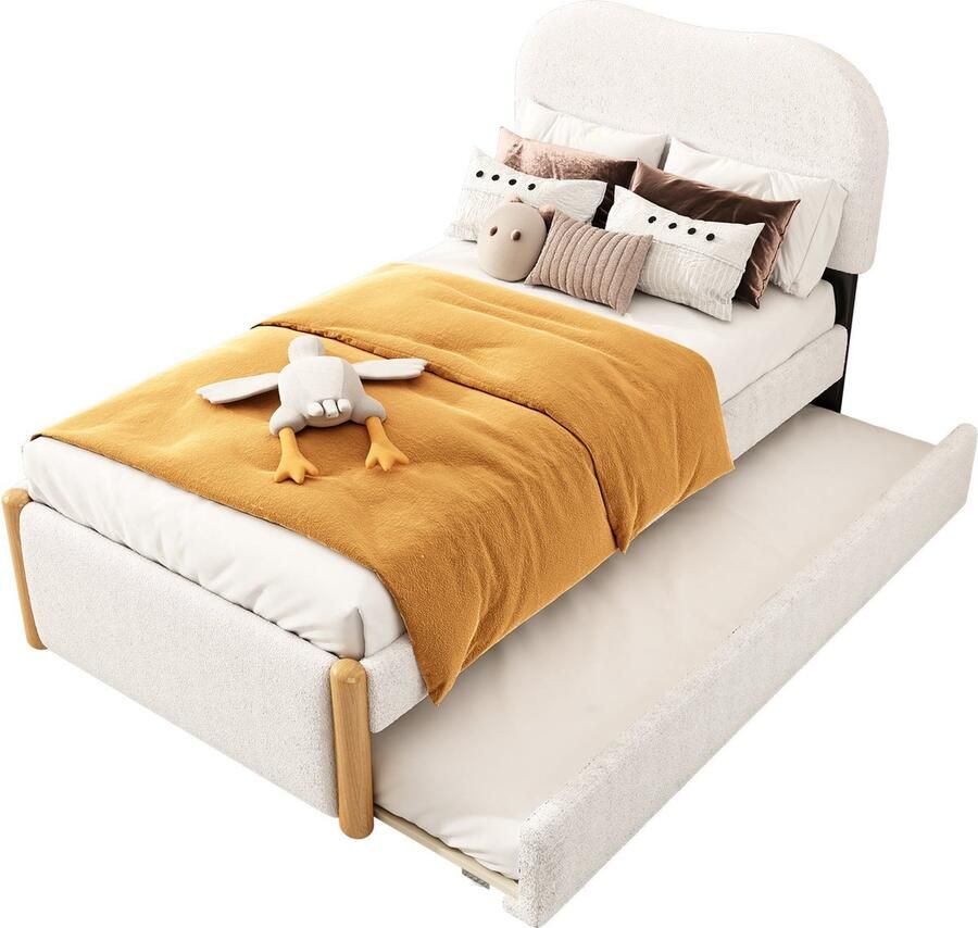 Merax bed 90x200 cm – wit gestoffeerd bed met praktisch uitschuifbaar rolluikbed – minimalistisch design