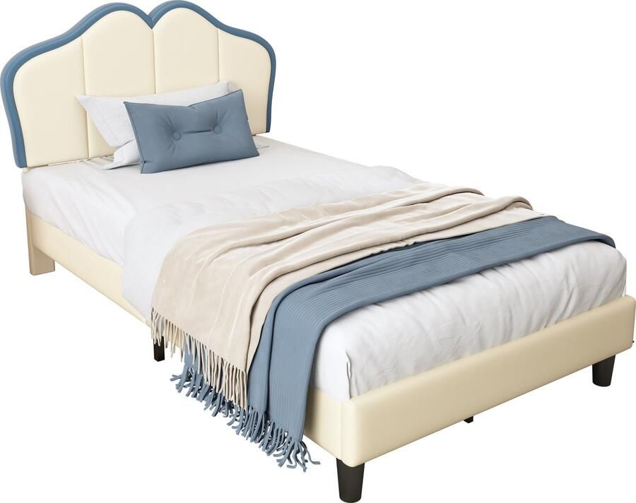 Merax Kinderbed 90x200 cm – Gestoffeerd Eenpersoonsbed met Zacht Hoofdbord en Stabiele Poten – Retro Design Wit en Blauw