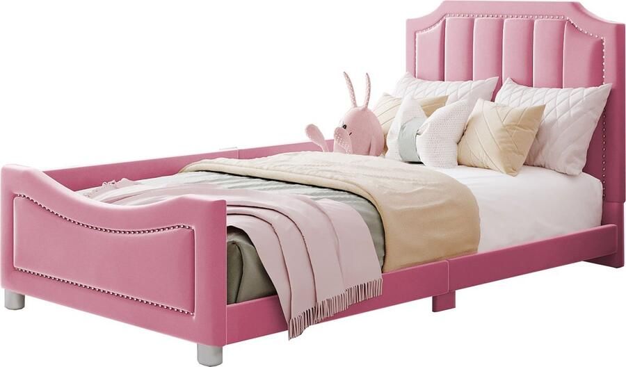 Merax Gestoffeerd Kinderbed 90x200 cm Velvet Bed of Slaapbank Roze