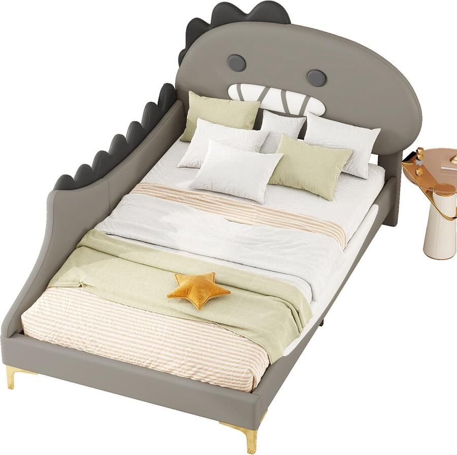 Merax Kinderbed 90x200 cm Dinosaurus Bed voor Kinderen Eenpersoonsbed in Dino Vorm Grijs Kunstleer