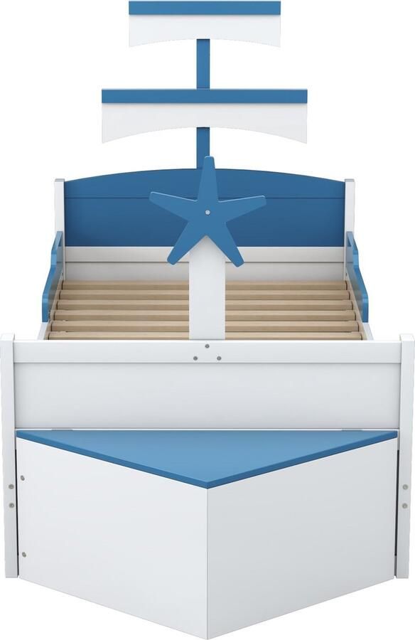 Merax Kinderbed 90x200 cm – Houten Bed in Zeilbootvorm met Uittrekbaar Logeerbed en Opbergkast Blauw (Zonder Matras)