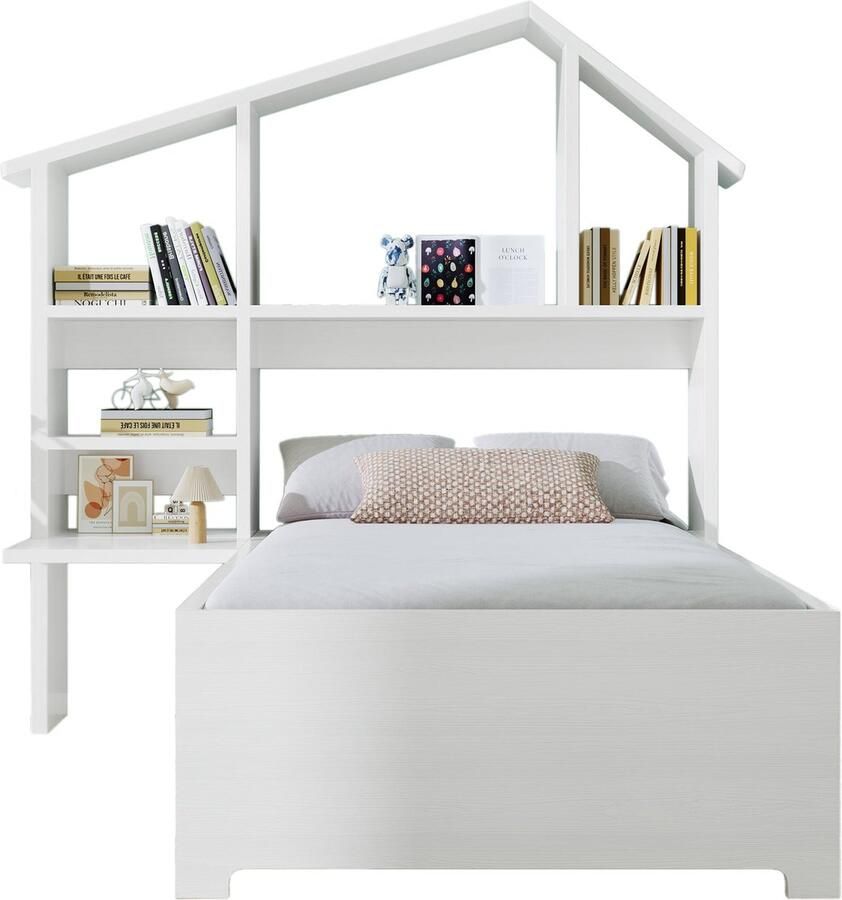 Merax Kinderbed 90x200 cm Houten Bed met Boekenrek Opbergruimte en Lattenbodem Enkelbed voor Kinderen Wit (Zonder Matras)