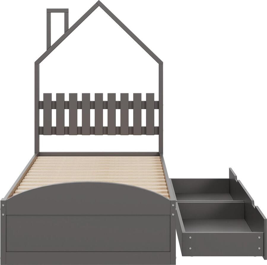 Merax Kinderbed 90x200 cm Houten Bed met Huisvorm Hoofdbord Met Opberglades Enkel Bed Grijs