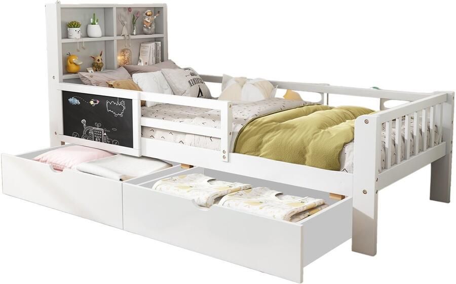 Merax Kinderbed 90x200 cm – Houten Bed met Schubladen en Schoolbord – Wit – Inclusief Houten Lattenbodem – Zonder Matras