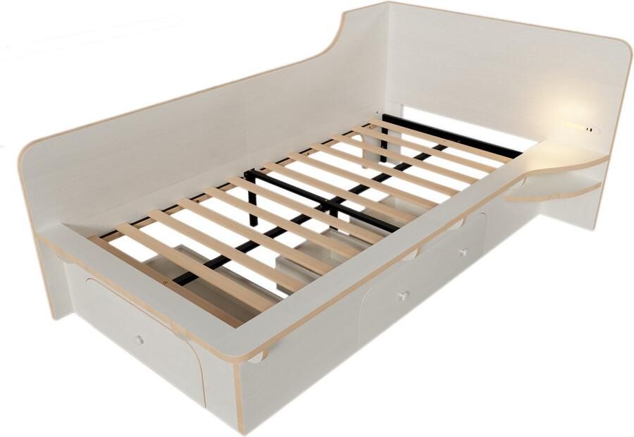 Merax Kinderbed 90x200 cm – Houten Bedframe met Leeslamp USB- & Type-C-oplader 3 Lades Antislip Design Geschikt voor Kinderen Jongeren en Volwassenen – Wit