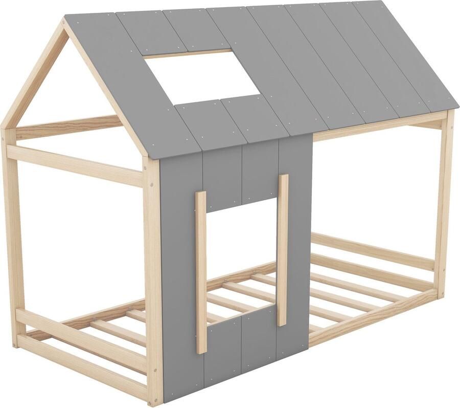 Merax Kinderbed 90x200 cm Huisbed met Dak en Raam Bed in Natuurlijk Houtbruin met Grijs (Zonder Matras)