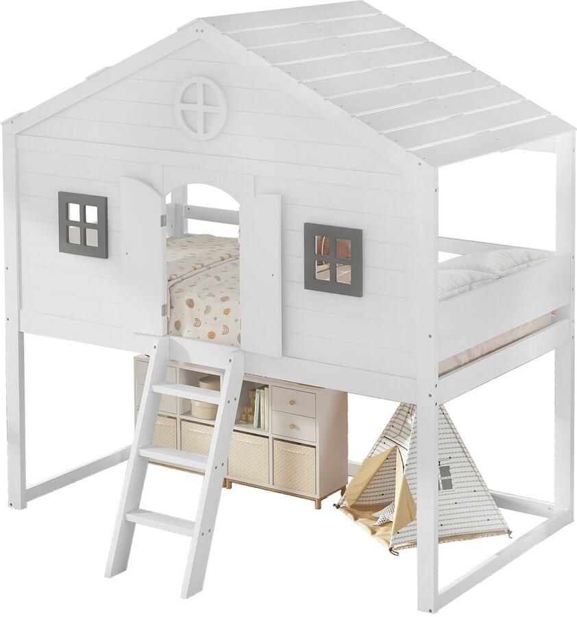 Merax Bed in Huisvorm met Trap en Vensters – Kinderbed 90x200 cm – Met Houten Lattenbodem Veiligheidsrand & Speelruimte – Wit Grauw