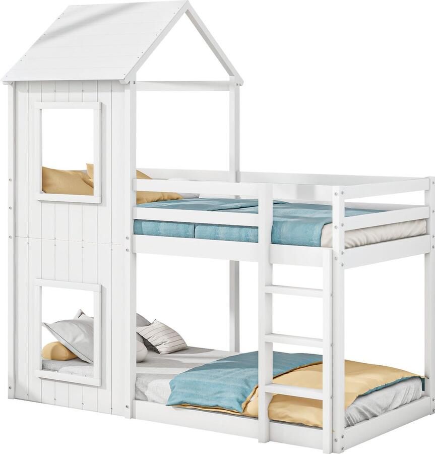 Merax Kinderbed 90x200 cm – Stapelbed in Huisvorm met Ladder en Baldakijn Massief Hout Wit Geschikt voor Jongens en Meisjes