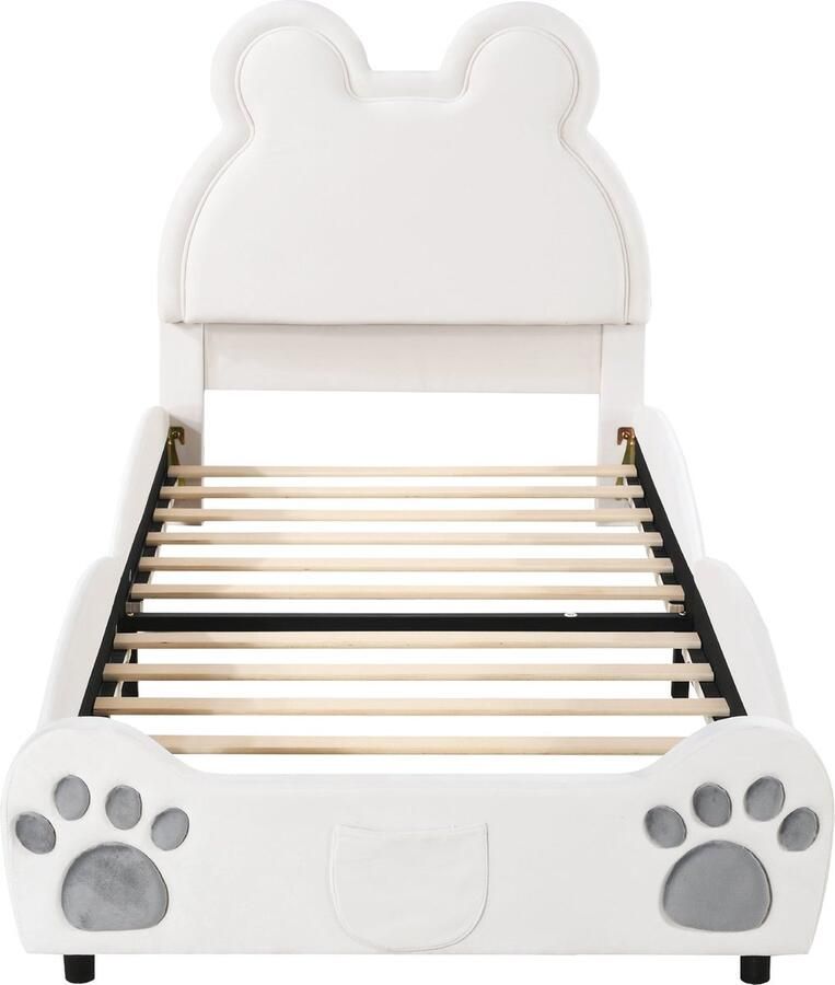 Merax Kinderbed 90x200 cm in Beren Vorm Fluweel Gestoffeerd Bed voor Kinderen Wit - Foto 2