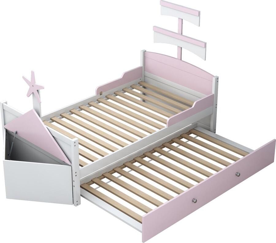 Merax Kinderbed 90x200 cm in Houten Zeilboot Vorm met Extra Uitschuifbaar Bed 90x190 cm Eenpersoonsbed met Opbergruimte Roze