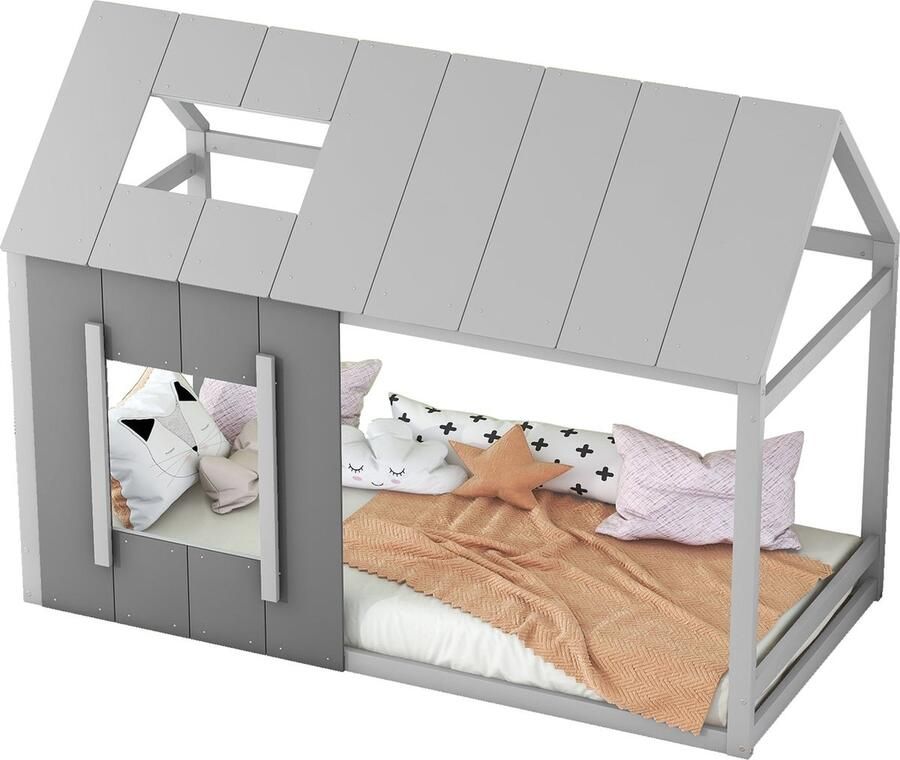 Merax Kinderbed 90x200 cm in Huisvorm Enkel Bed met Dak en Raam Kiefern Hout Grijs en Lichtgrijs 100 kg Draagcapaciteit