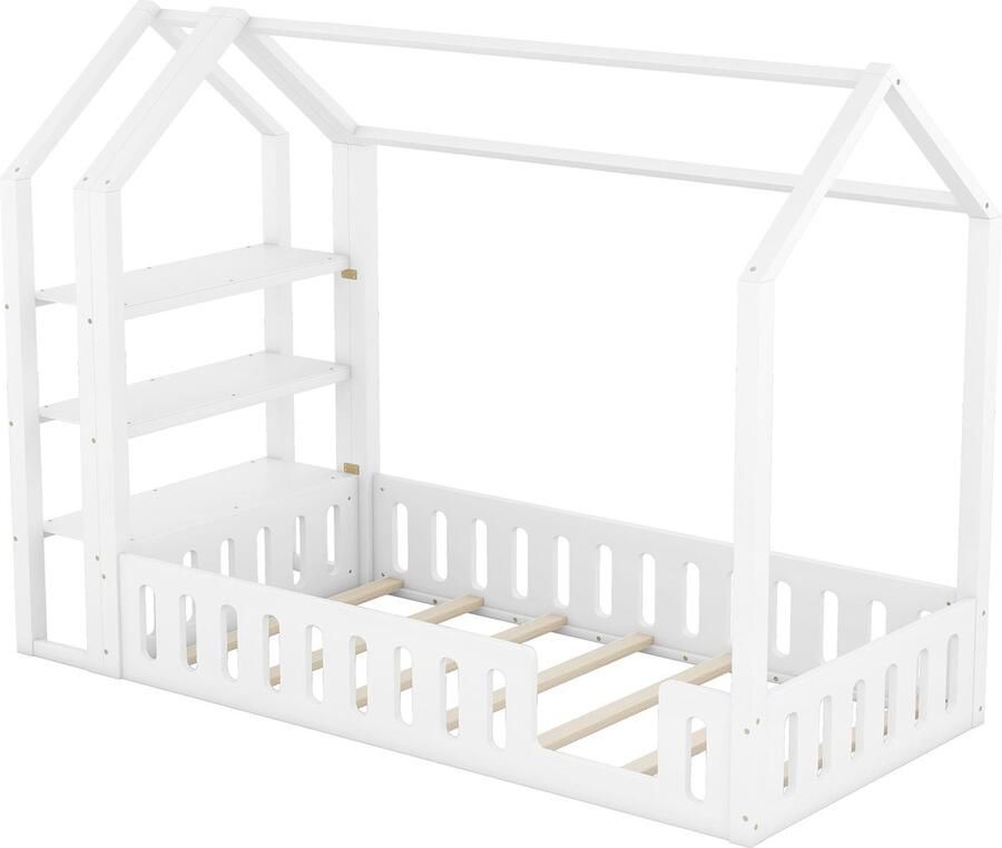 Merax Kinderbed 90 x 200 cm in Huisvorm met Gelanden en 3 Opbergvakken – Witte Houten Structuur – Geschikt voor Kinderen – Belastbaarheid 136 kg - Foto 2