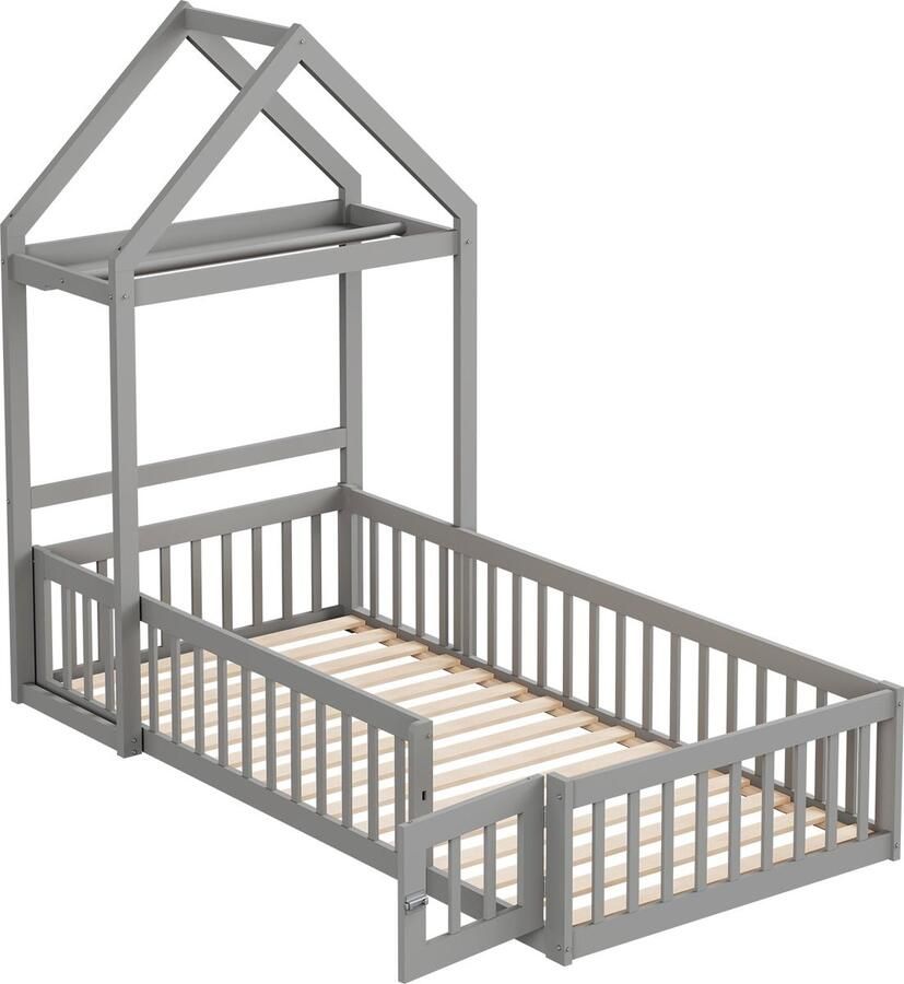 Merax Kinderbed 90x200 cm in Huisvorm Houten Eenpersoonsbed met Handige Plank en Volledig Veiligheidshek met Deur Grijs